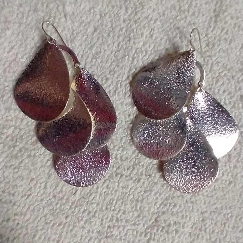 Long huge silvertone shiny wire chandelier earrings
